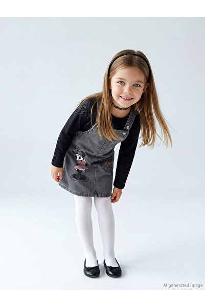 LC Waikiki Anthracite Square Collar Minnie Mouse Printed Girls Jean Salopet D...