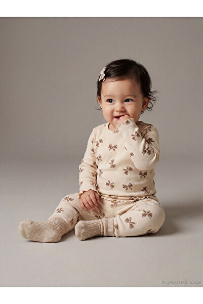 LC Waikiki Bej Bisiklet Yaka Fiyonk Baskılı Kız Bebek Tişört ve Tayt