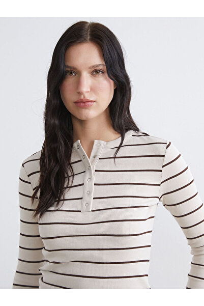 LC Waikiki Bej Bisiklet Yaka Çizgili Kadın Body