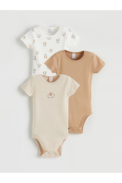 LC Waikiki Ecru Fil Printed Baby Boy Snap Fastener Bodysuit 3-Piece Set