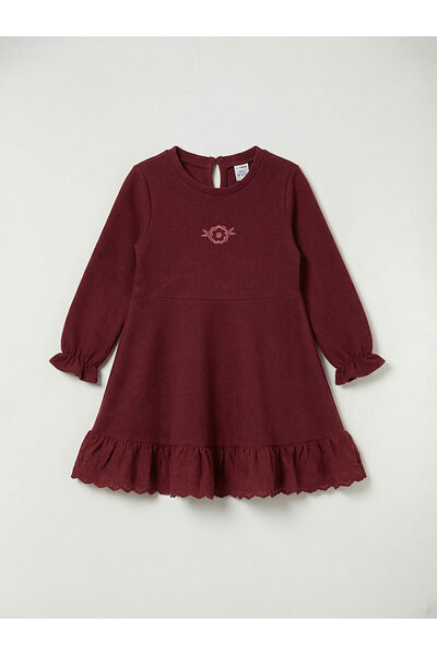 LC Waikiki فستان بناتي بأكمام طويلة مطرز باللون العنابي