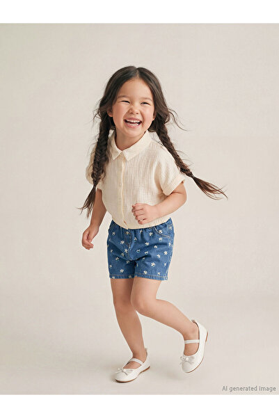 LC Waikiki LCW Παιδικό τζιν σορτς για κορίτσια με μπλε λουλούδια