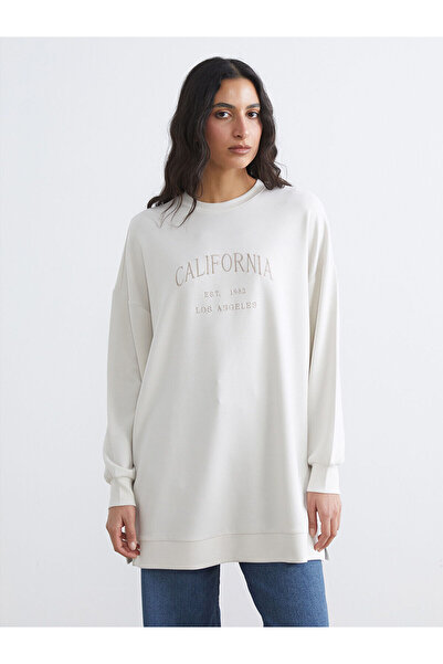 LC Waikiki Brown California Embroidered Soft Touch Women's Sweatshirt Tunic