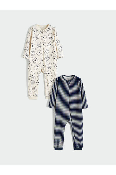 LC Waikiki M&B Collection Ecru Crew Neck Printed Baby Boy Overalls 2-Pack