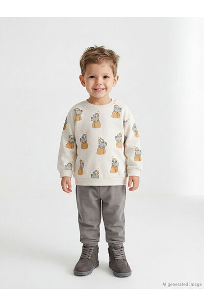 LC Waikiki Beige Printed Baby Boy Sweatshirt and Pants