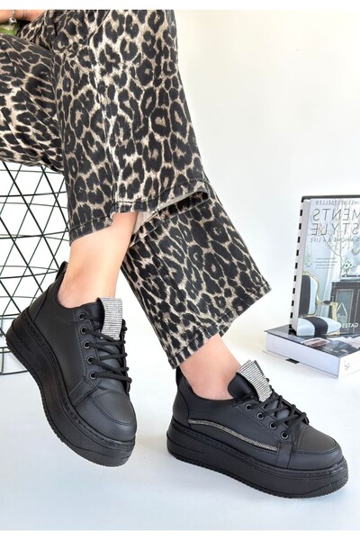 FRESCO SCARFS Leope Black Leather Lace-Up Sports Shoes