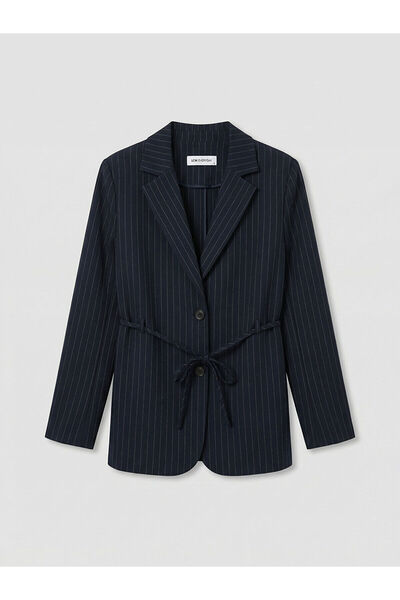 LC Waikiki Navy Blue Striped Belted Women's Blazer Jacket