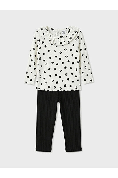 LC Waikiki Ecru Floral Patterned Baby Girl Blouse and Leggings