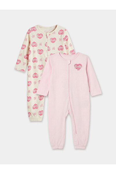 LC Waikiki Ecru Crew Neck Barbie Printed Baby Girl Jumpsuit 2-Piece