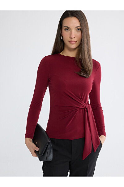 LC Waikiki Burgundy Crew Neck Tie Detail Women's Bodysuit