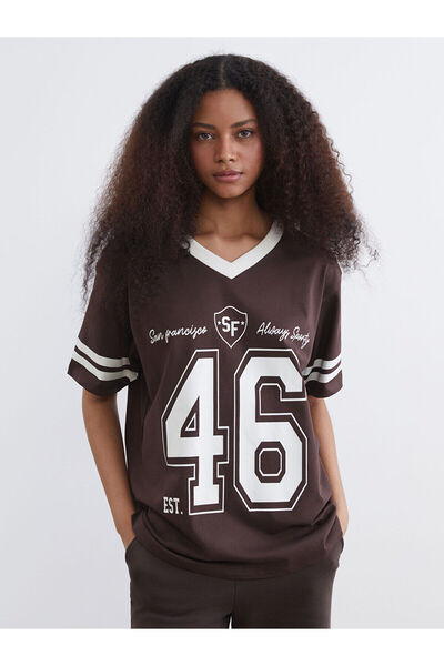 LC Waikiki Brown V-Neck San Francisco Printed Oversized Women's T-Shirt