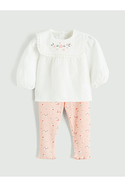 LC Waikiki Ecru floral baby girl blouse and leggings
