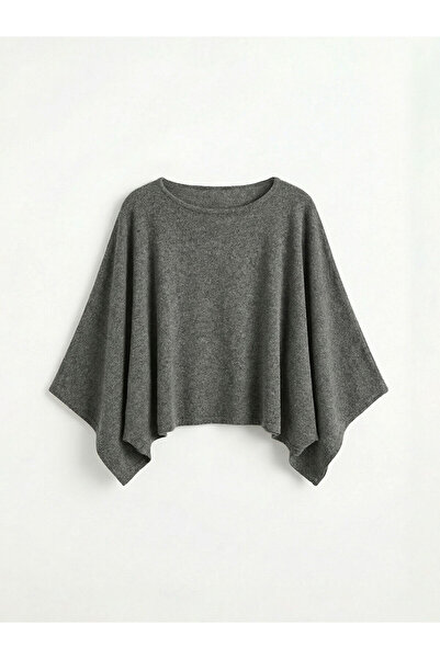 LC Waikiki Anthracite Boat Neck Oversized Women's Knitwear Poncho