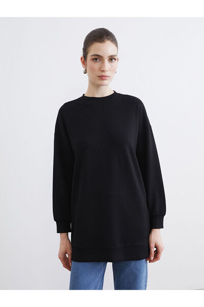 LC Waikiki Black Crew Neck Stone Women's Sweatshirt Tunic