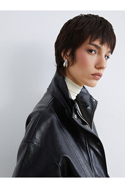 LC Waikiki Black Mock Neck Oversized Women's Leather-Look Jacket