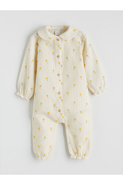 LC Waikiki Elsiva Collection Ekru Fırfırlı Çiçek Baskılı Müslin Kız Bebek Tulum