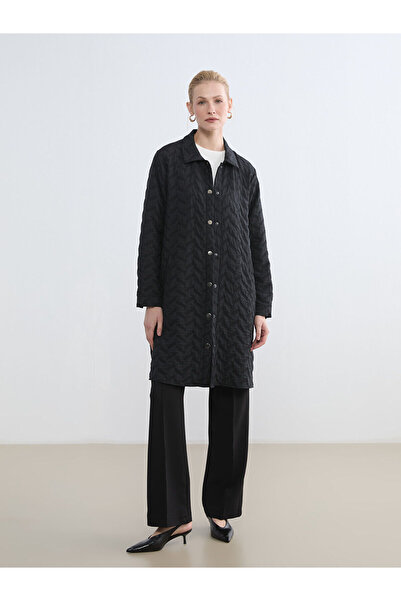 LC Waikiki Black shirt collar patterned women's puffer jacket