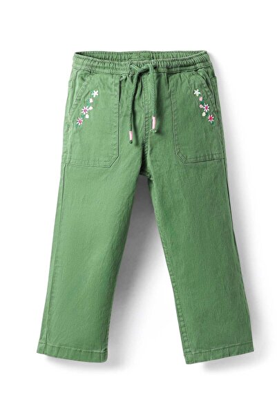 Babyhug Twill Woven Full Length Trouser with Stretch & Floral Embroidery - Green