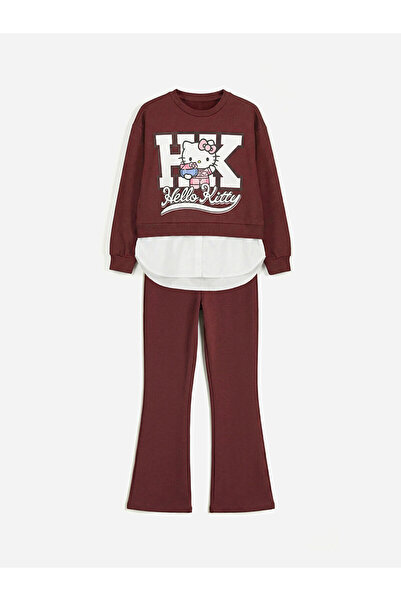 LC Waikiki Bordo Hello Kitty Baskılı Kız Çocuk Sweatshirt ve Tayt