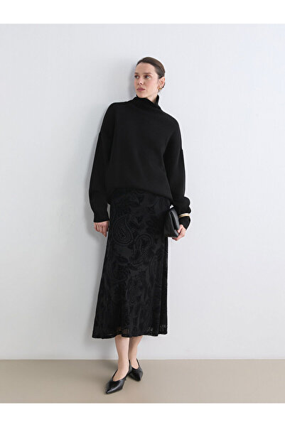 LC Waikiki Black Patterned A-Line Velvet Skirt with Elastic Waist