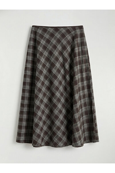 LC Waikiki Brown Belted Zippered Plaid Flared Skirt