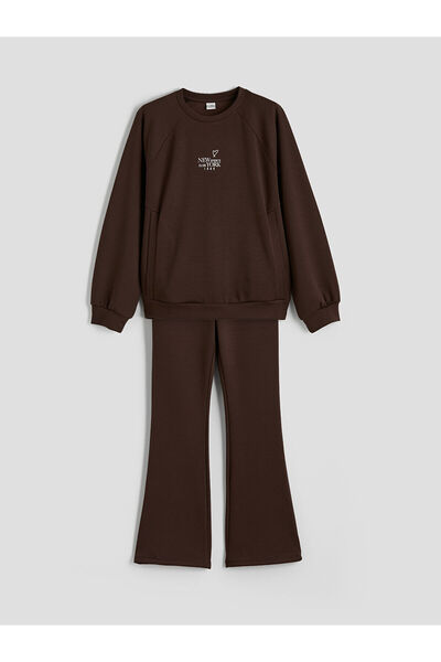 LC Waikiki Brown new york Printed girls' soft touch sweatshirt and leggings