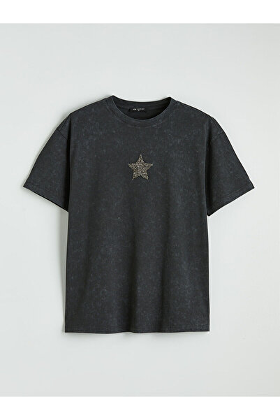 LC Waikiki Blue Crew Neck Star Embroidered Women's T-Shirt