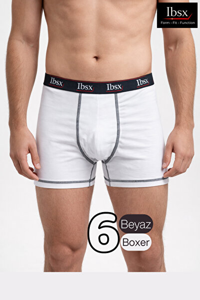 IBSX Premium Erkek Boxer Seti - 6'lı Beyaz Penye Pamuklu, Likralı, Bel Lastik...