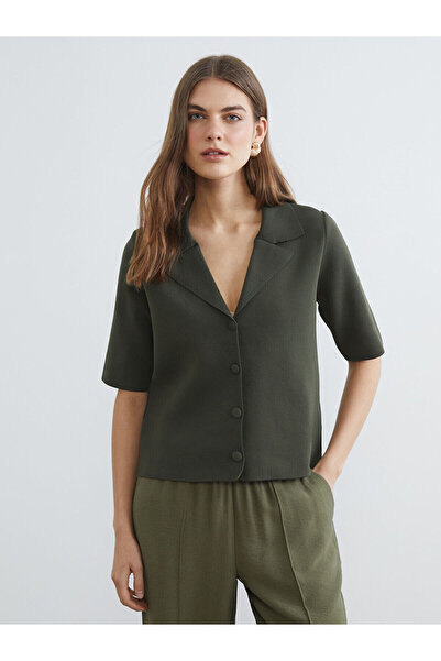 LC Waikiki Khaki Jacket Collar Women's Knitwear Cardigan