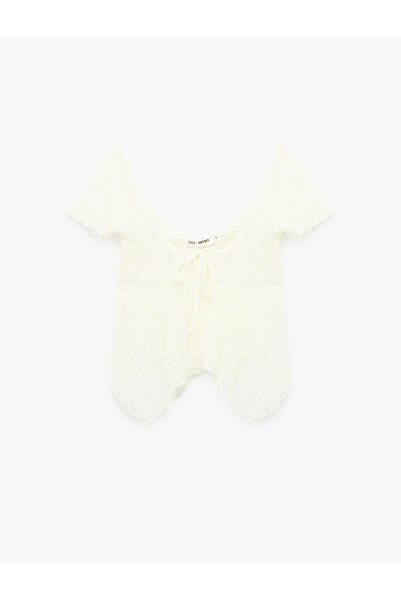 Koton Lace Detailed Asymmetrical U-Neck Short Sleeve Lace Blouse