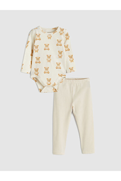 LC Waikiki Bej Baskılı Erkek Bebek Çıtçıtlı Body ve Tayt