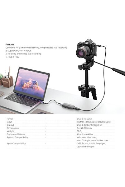 Powerology Capture Card 1*C 3.2 Gen1 Input: 1*HDMI 1.4, support 4K/30Hz