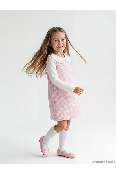 LC Waikiki Pink Peter Pan collar plaid patterned girl's tweed dress