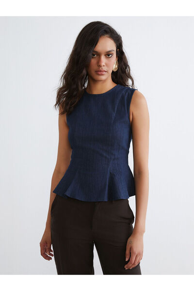 LC Waikiki Indigo Crew Neck Peplum Jean Blouse