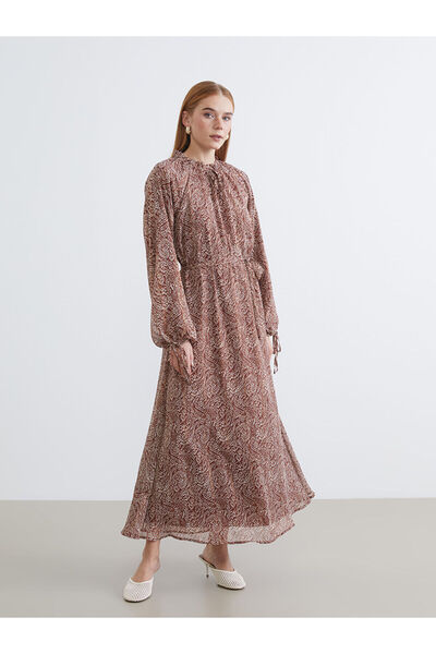 LC Waikiki Brown Tie Neck Ruffled Balloon Sleeve Patterned Dress