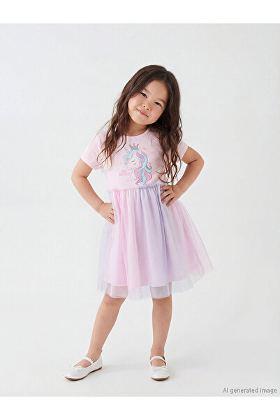 LC Waikiki Pink Crew Neck Printed Girls' Princess Dress