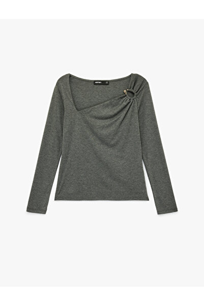 Koton Slim Fit Long Sleeve Asymmetrical Collar T-Shirt with Accessory Detail