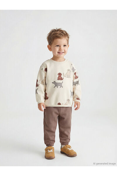 LC Waikiki Beige Printed Baby Boy Sweatshirt and Sweatpants