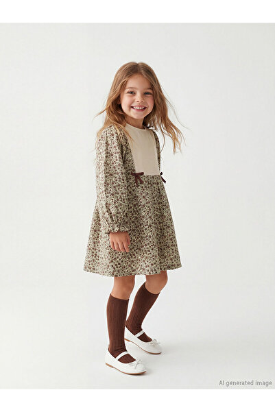 LC Waikiki Ecru Crew Neck Floral Velvet Girl's Dress