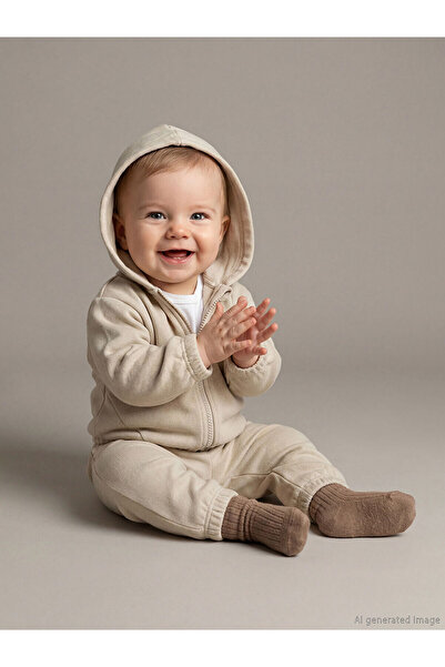 LC Waikiki مجموعة إلسيفا: طقم رياضي للأولاد الصغار باللون البيج مع قلنسوة