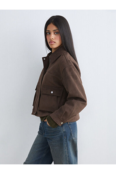 LC Waikiki Brown Shirt Collar Oversize Women's Suede Look Jacket