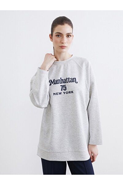 LC Waikiki Gray Printed Soft Touch Oversized Women's Sweatshirt Tunic