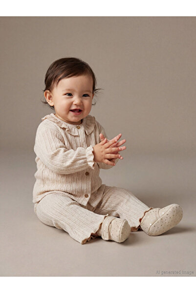 LC Waikiki Ecru Peter Pan collar Baby Girl Cardigan and Leggings