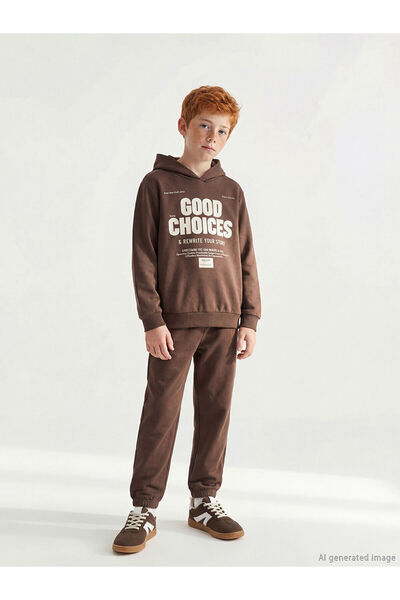 LC Waikiki Brown Hooded Printed Boy's Tracksuit Set