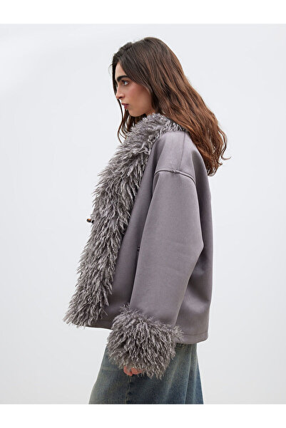 LC Waikiki Grey shawl collar women's suede look coat