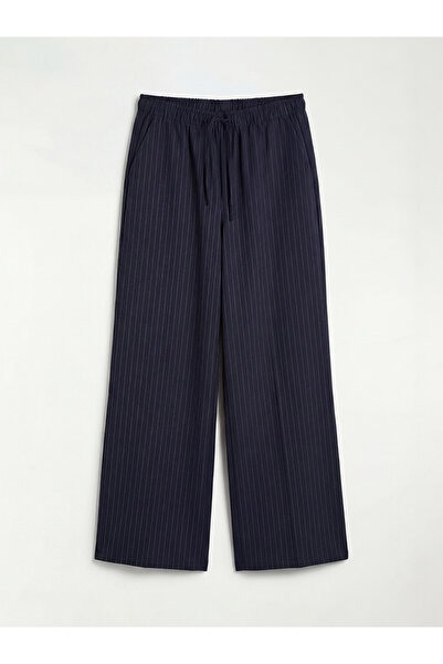 LC Waikiki Navy Blue Elastic Waist Striped Wide Leg Women's Trousers