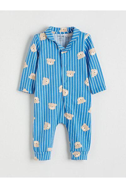 LC Waikiki Mavi Gömlek Yaka Ayıcık Baskılı Erkek Bebek Tulum