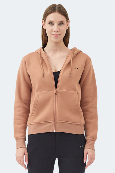 Slazenger Milio I Women's Zippered Hooded Pocket Camel Sweatshirt