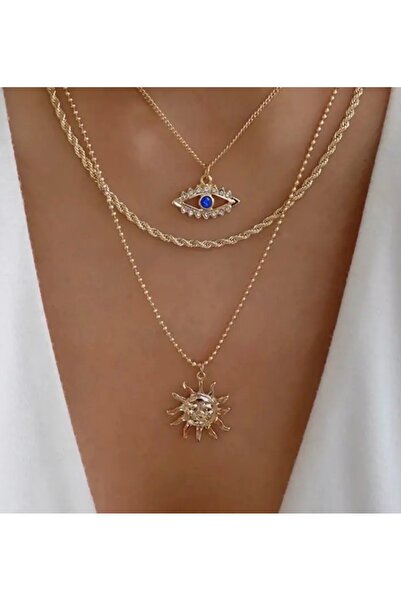 DeNors 3-Piece Women's Necklace Set – Sun and Eye Figures, Stone Twisted Chain