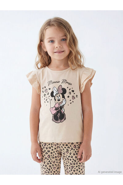 LC Waikiki Beige Minnie Mouse Printed Blouse and Leggings for Girls